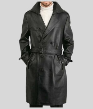 Mens Belted Double Breasted Black Leather Trench Coat