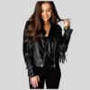 Black Streetwear Fringe Leather Jacket for Women