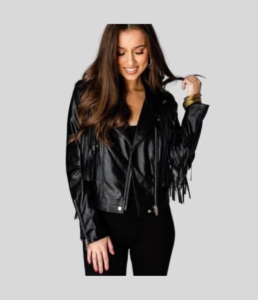 Black Streetwear Fringe Leather Jacket for Women