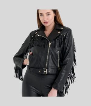 Black Genuine Lambskin Leather Fringe Jacket for Women