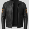 Mens Black Biker Style Leather Jacket with Tan Accent Stripes