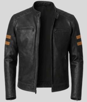 Mens Black Biker Style Leather Jacket with Tan Accent Stripes