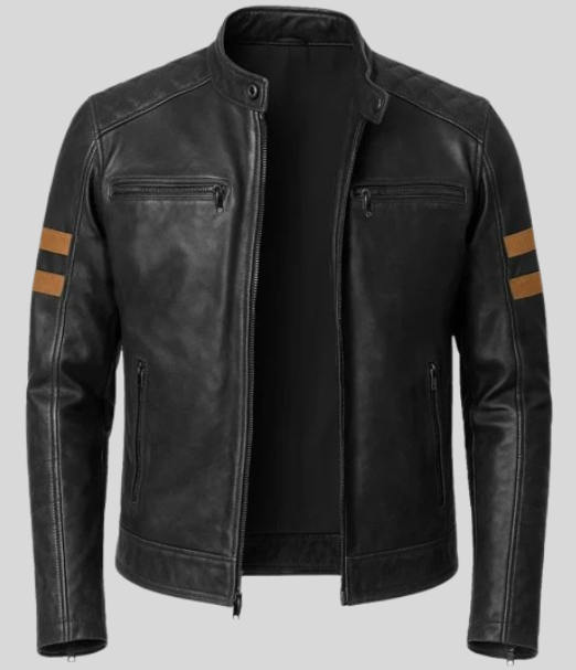 Mens Black Biker Style Leather Jacket with Tan Accent Stripes